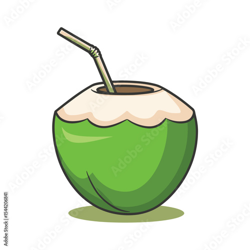 A cartoon illustration of a fresh green coconut with a curved metal straw protruding from its top