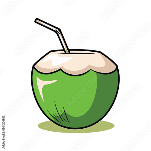 A cartoon illustration of a fresh green coconut with a curved metal straw protruding from its top