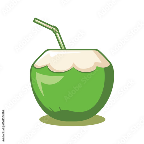A cartoon illustration of a fresh green coconut with a curved metal straw protruding from its top