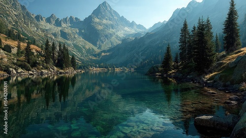 Fototapeta Naklejka Na Ścianę i Meble -  Serene Tatra Reflections Mountain lake mirroring sky in Poland.