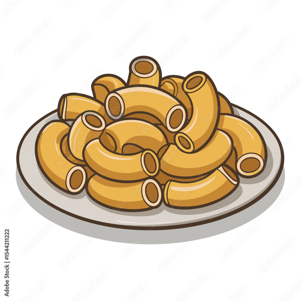 A digital illustration of a white ceramic plate filled with golden-yellow macaroni pasta arranged in a curved A digital illustration of a white ceramic plate filled with golden-yellow macaroni pasta arranged in a curved