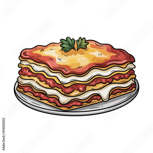 A hand-drawn illustration of a layered lasagna on a white ceramic plate