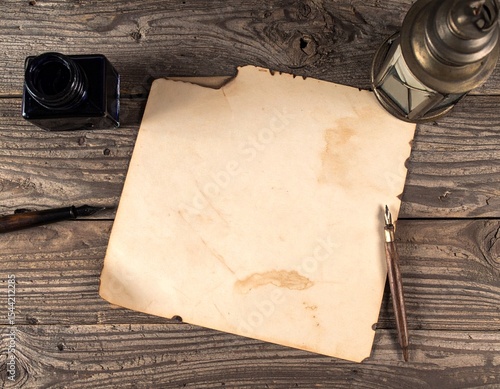 Antique Paper Texture Blank Vintage Paper on Wooden Table with Inkwell and Quill