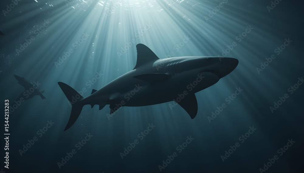 Fototapeta premium Silhouetted shark gliding through deep ocean with dramatic light rays above
