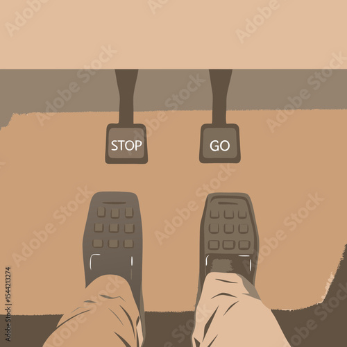 Pedal area of a driver's seat car showing a break pedal with "stop" and a gas pedal with "go" on it



