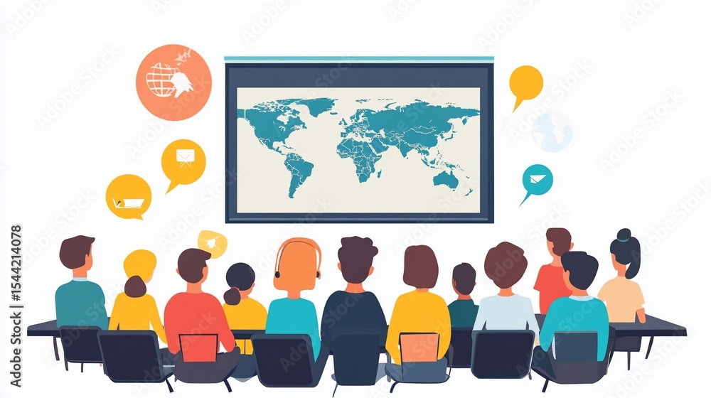 Global Business Meeting Presentation on World Map with Team Audience Global Business Meeting Presentation on World Map with Team Audience