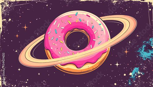 Donut Planet in Space with Colorful Sprinkles and Saturn Ring
