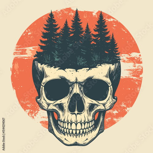 Skull with Forest Inside, Vintage Surreal Illustration of Skull and Nature Elements