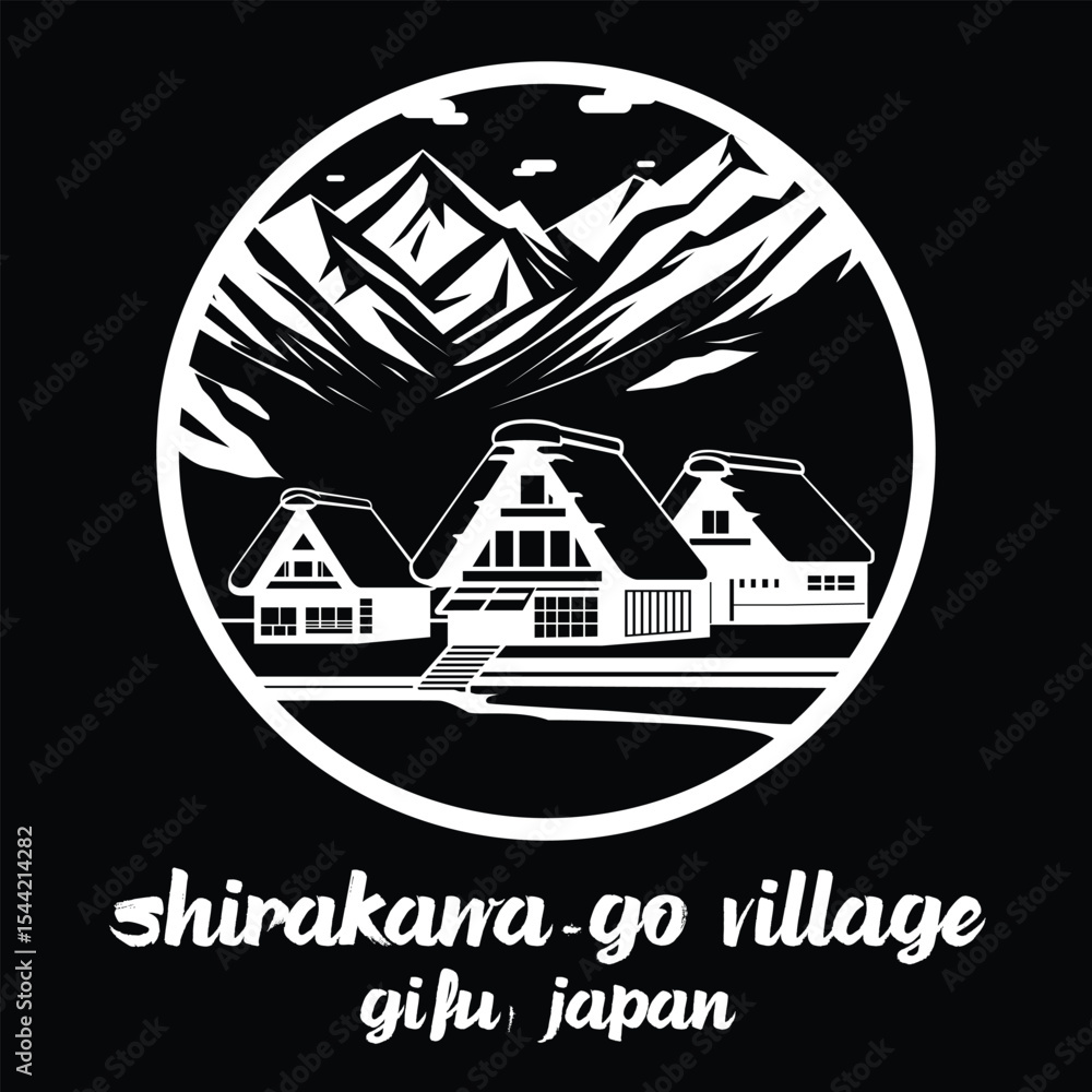 Fototapeta premium Circle Icon Shirakawa-go Village. Vector illustration