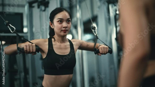 Muscular athlete performing cable chest fly, engaging pectoral muscles with precision during strength training workout at fitness center