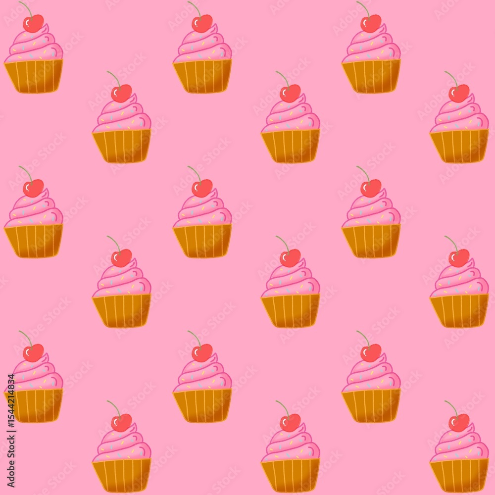 pattern Cute Pink Cupcake with Cherry Topping with pink background pattern Cute Pink Cupcake with Cherry Topping with pink background