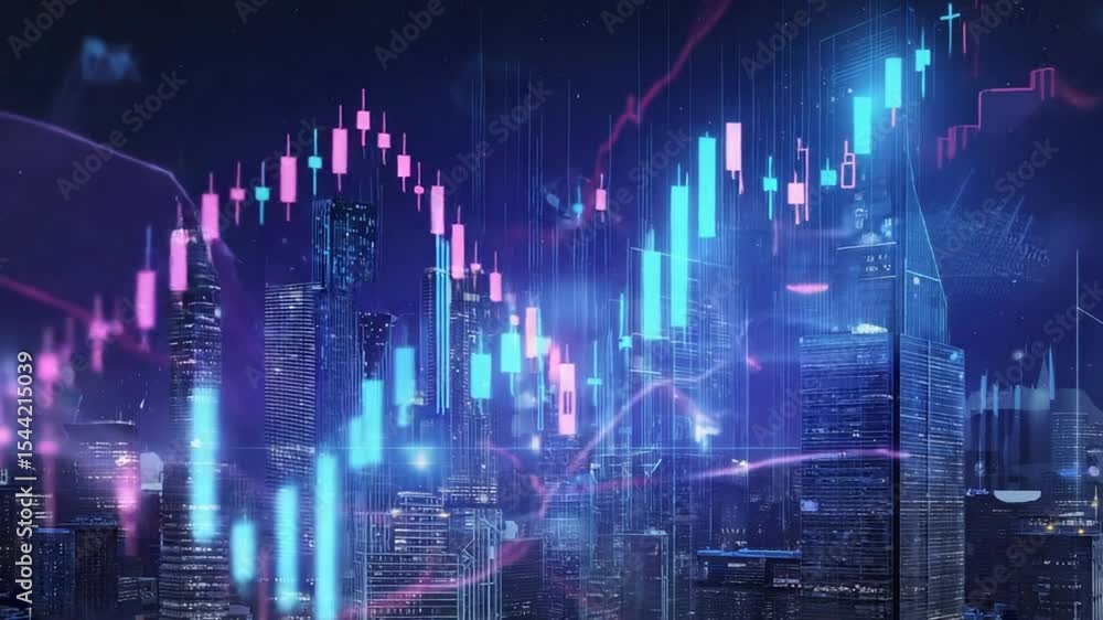 Overlaying Stock Market Charts Over Abstract City Skyline At Night Overlaying Stock Market Charts Over Abstract City Skyline At Night