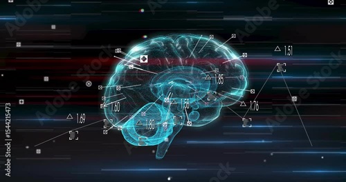 Cyan 3D hologram brain appearing then rotating while markers and labels animating for data analysis
