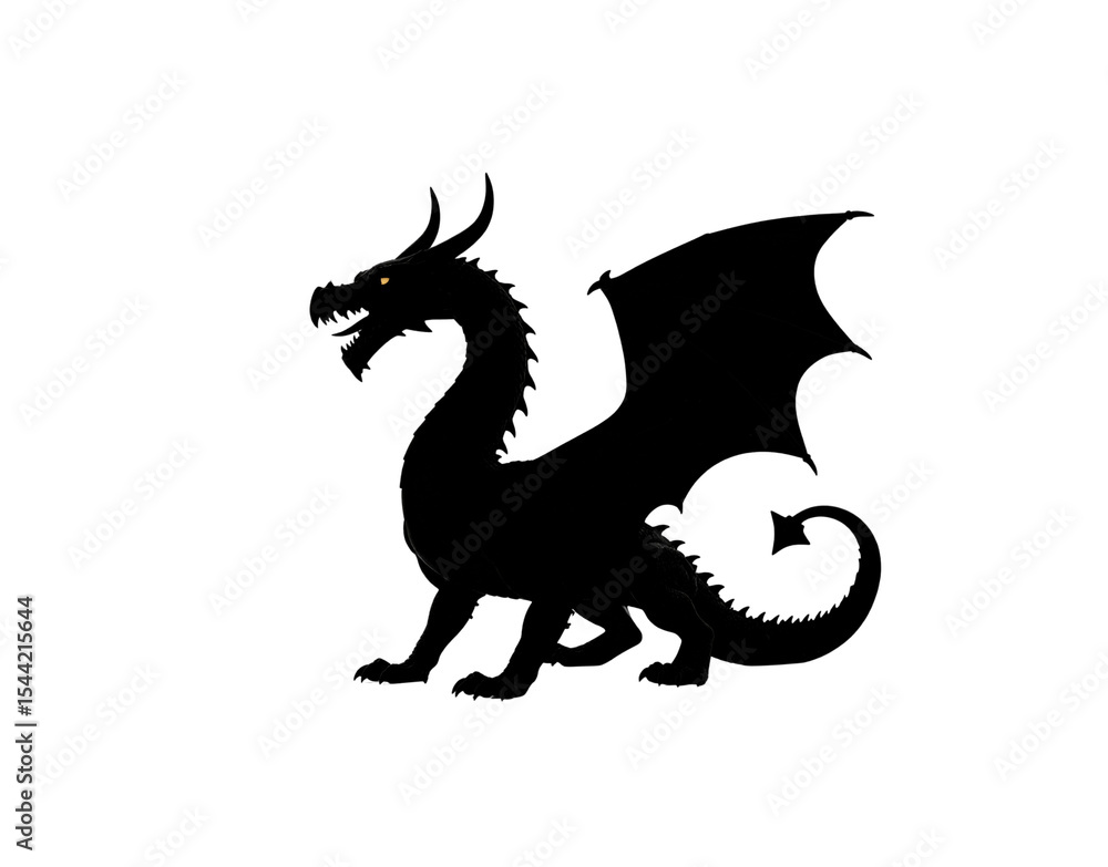 Fototapeta premium Majestic Black Dragon with Yellow Eyes Side Profile Detailed Scales and Horns.