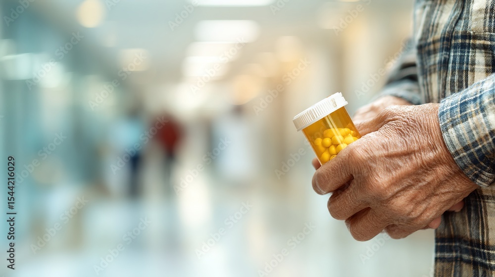 Elderly patient with Parkinson's disease holding prescription medicine bottle, shaking hands grasping medication for neurological disorder treatment, healthcare and aging concept.
Elderly patient with Parkinson's disease holding prescription medicine bottle, shaking hands grasping medication for neurological disorder treatment, healthcare and aging concept.