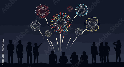 Fireworks Celebration: Silhouettes Watching Night Sky Display