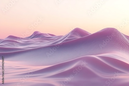 Abstract landscape of pastel hills with wireframe grid, low poly design, sunset hues