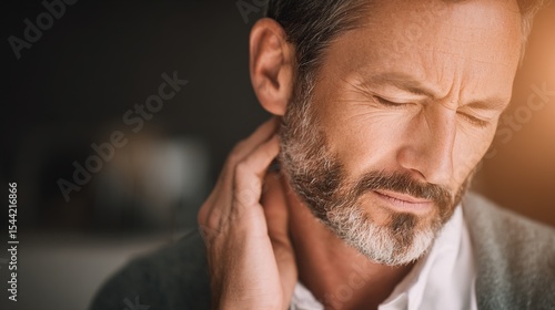Wallpaper Mural Worried young man gently touching her neck with subtle concern, expressing anxiety or health issues, medical checkup and nervousness concept.
 Torontodigital.ca