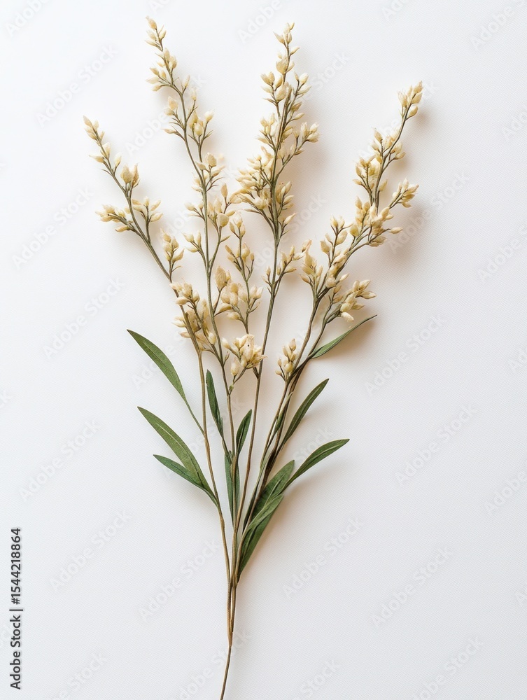 Fototapeta premium Delicate, pale yellow flower sprigs against a white background