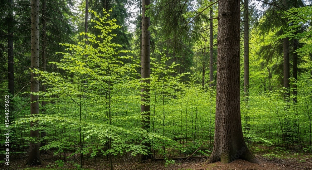 Fototapeta premium Lush green forest landscape with young beech trees, vibrant spring foliage in a dense woodland, natural temperate forest background