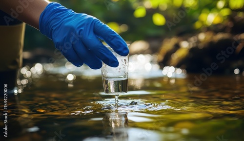 A close-up of an engineer's hand in blue gloves, holding and taking water samples from the river using glassware for quality control, under natural daylight.
