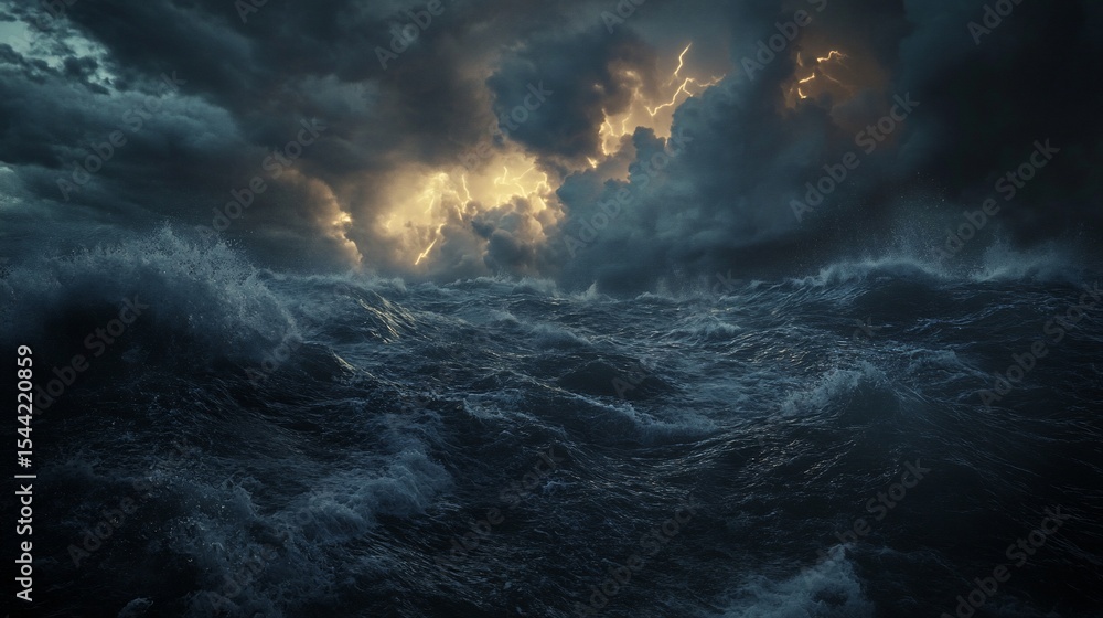 Dramatic Seascape with Lightning Strikes over a Turbulent Ocean Scene Dramatic Seascape with Lightning Strikes over a Turbulent Ocean Scene