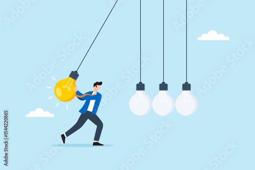 Flat illustration of businessman swinging glowing lightbulb as pendulum to spark creativity innovation and knowledge transfer