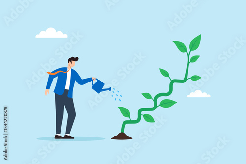 Flat illustration of businessman watering step-shaped plant growing upward to represent gradual business success and steady goal achievement