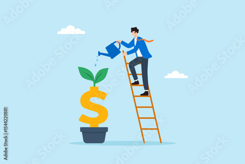 Flat illustration of businessman on ladder watering plant growing from dollar sign in pot for investment nurturing and financial growth