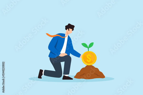 Flat illustration of businessman kneeling to plant golden coin seedling into soil for early investment and long term financial growth