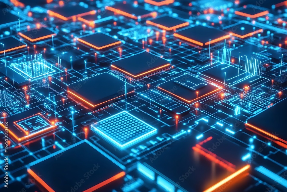 Futuristic Technology Circuit Board with Glowing Components and Intricate Network Design Futuristic Technology Circuit Board with Glowing Components and Intricate Network Design