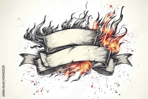 High Quality Image of Hand Drawn Ribbon with Fire and Place for TextHigh Detail, 8K