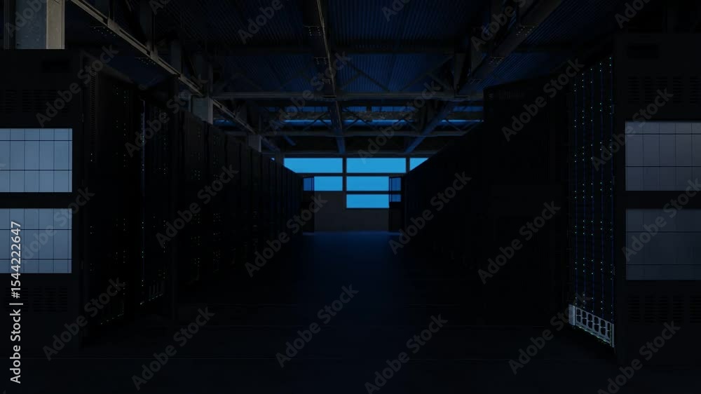 Symmetrical view of server aisle in modern data center with industrial ceiling and warm blue lighting. Rows of open and closed server cabinets line the corridor. Symmetrical view of server aisle in modern data center with industrial ceiling and warm blue lighting. Rows of open and closed server cabinets line the corridor.