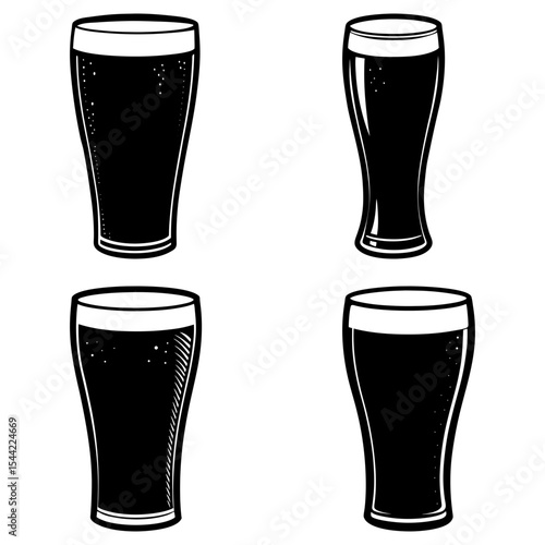 Four different styles of stout beer glasses in black and white vector illustration design image scene