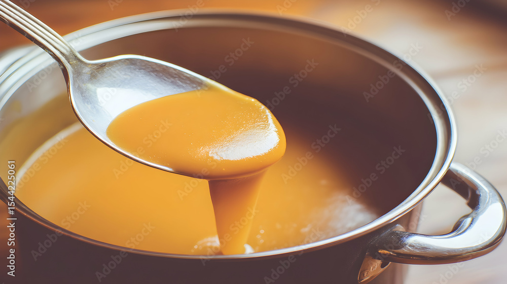 A spoonful rich, golden caramel sauce being lifted from a pot, showcasing its thick, glossy texture vibrant color. A spoonful rich, golden caramel sauce being lifted from a pot, showcasing its thick, glossy texture vibrant color.
