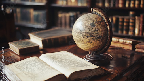 An old globe with a map of the world on a wooden table in a library with old books and a book open in the foreground.