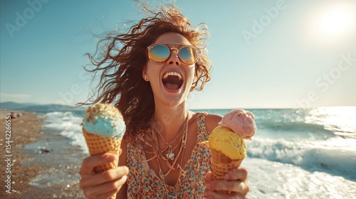 Carefree woman on sunny beach holding two ice cream cones, joy and summer fun captured