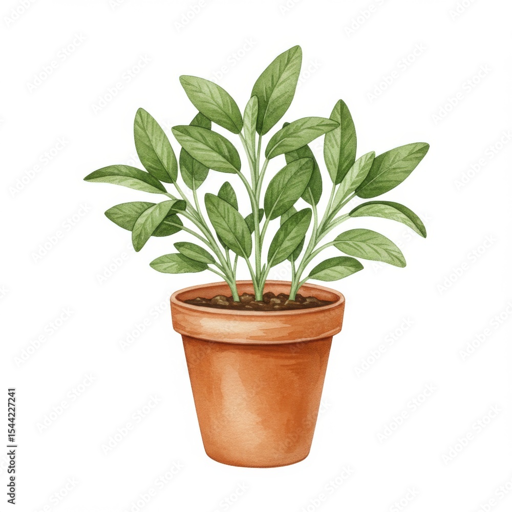 Obraz premium Potted Sage Plant Watercolor Illustration
