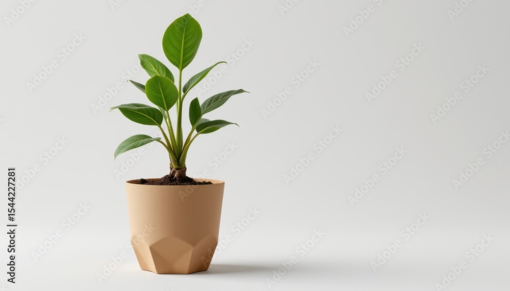 Obraz premium single eco friendly plant pot made from biodegradable paper pot, containing a rubber tree, isolated on white background, minimalist product shot, soft studio lighting, realistic 3d render