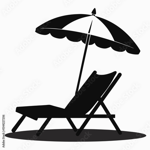 Create a solid black silhouette of a beach scene featuring a reclining lounge chair with armrests positioned under a large, open beach umbrella with scalloped edges and a visible support pole