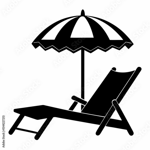 Create a solid black silhouette of a beach scene featuring a reclining lounge chair with armrests positioned under a large, open beach umbrella with scalloped edges and a visible support pole