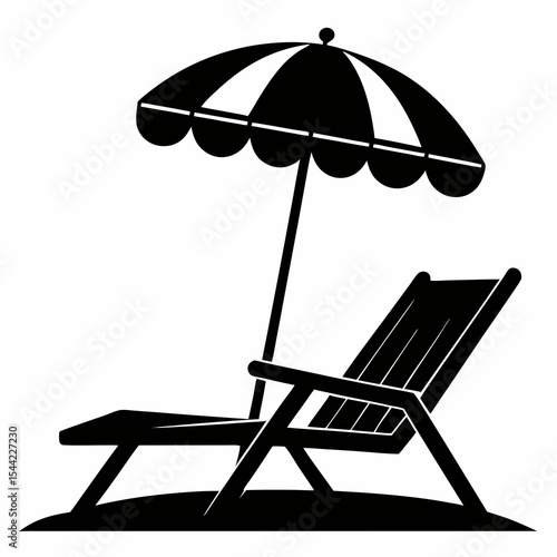 Create a solid black silhouette of a beach scene featuring a reclining lounge chair with armrests positioned under a large, open beach umbrella with scalloped edges and a visible support pole