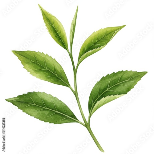 Green Tea Leaves Branch Watercolor Illustration