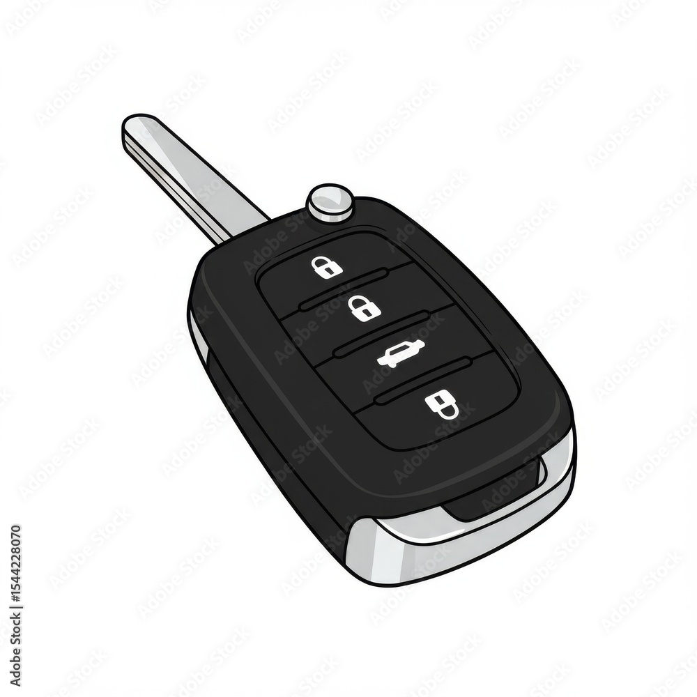 Black Car Key Remote with Silver Accents on White Background Black Car Key Remote with Silver Accents on White Background