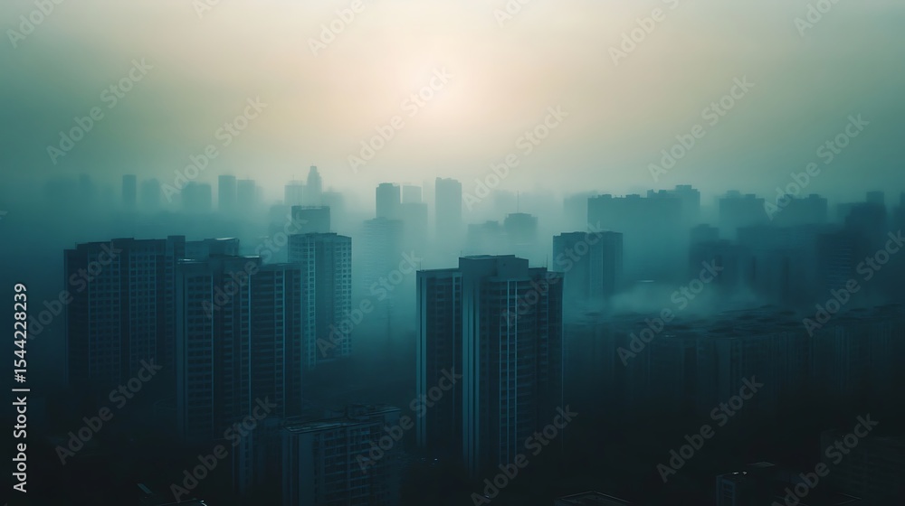 City Skyline Disappearing in Mist Haze Urban Landscape City Skyline Disappearing in Mist Haze Urban Landscape