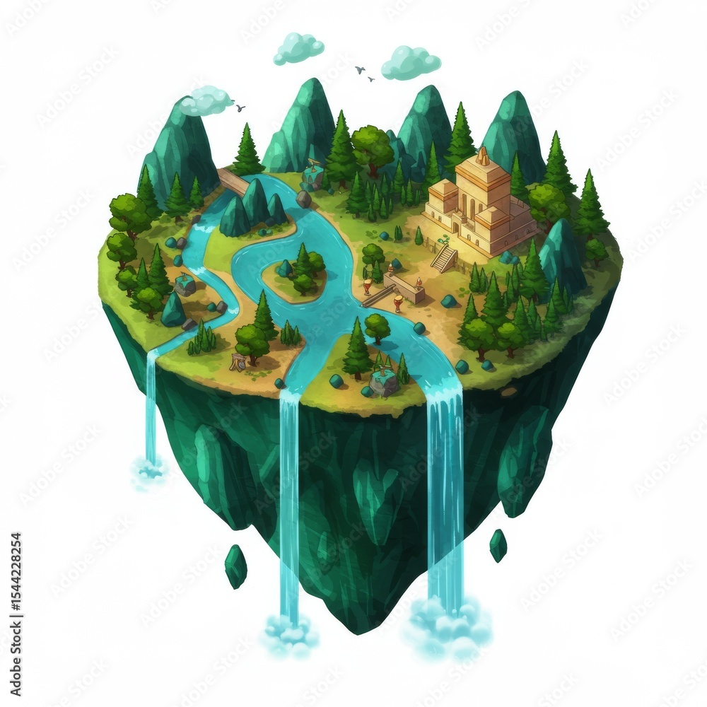Naklejka premium Isometric Fantasy Island with Waterfall and River