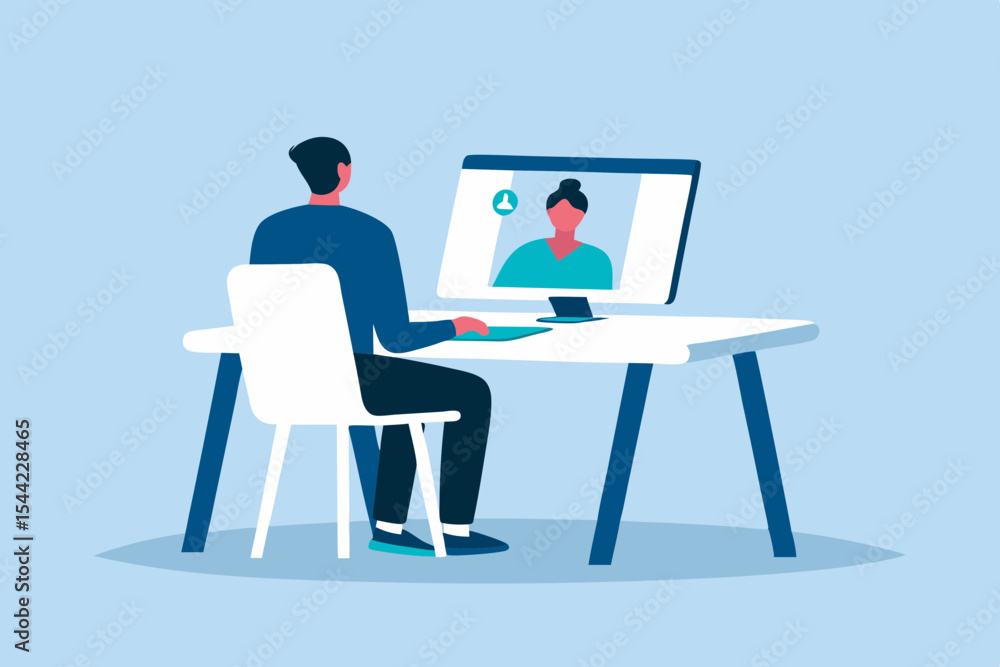 Man on Video Call with Woman on Computer Screen at Home Office Man on Video Call with Woman on Computer Screen at Home Office