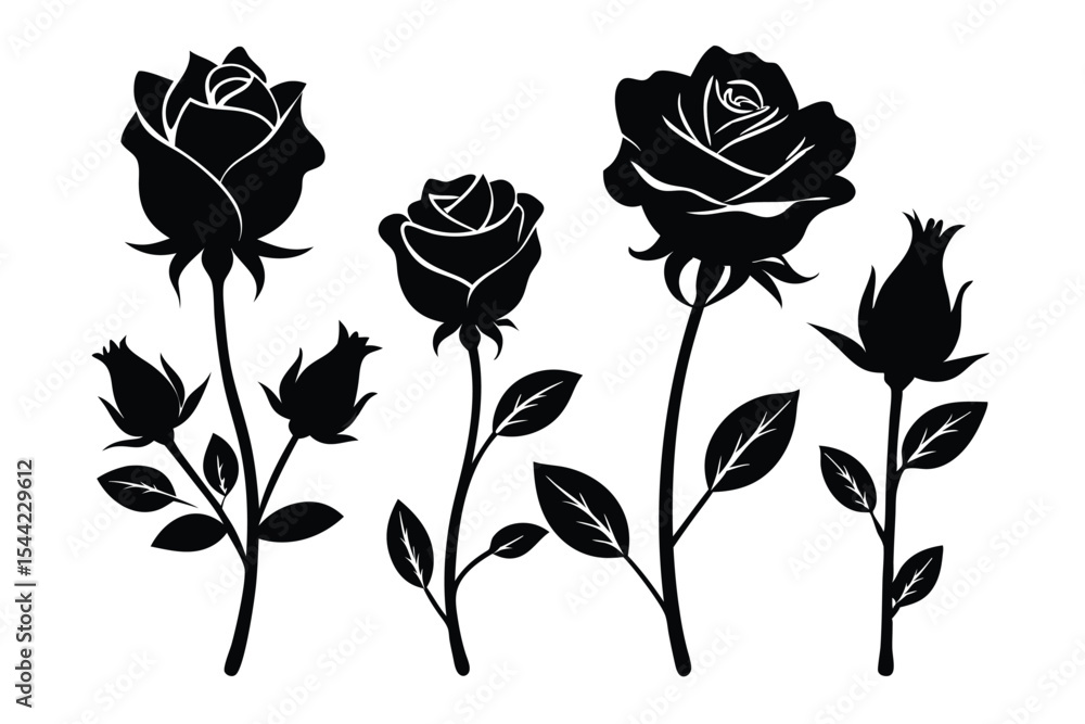 Obraz premium Beautiful Black Rose Flower Silhouettes with Buds and Leaves on a White Background