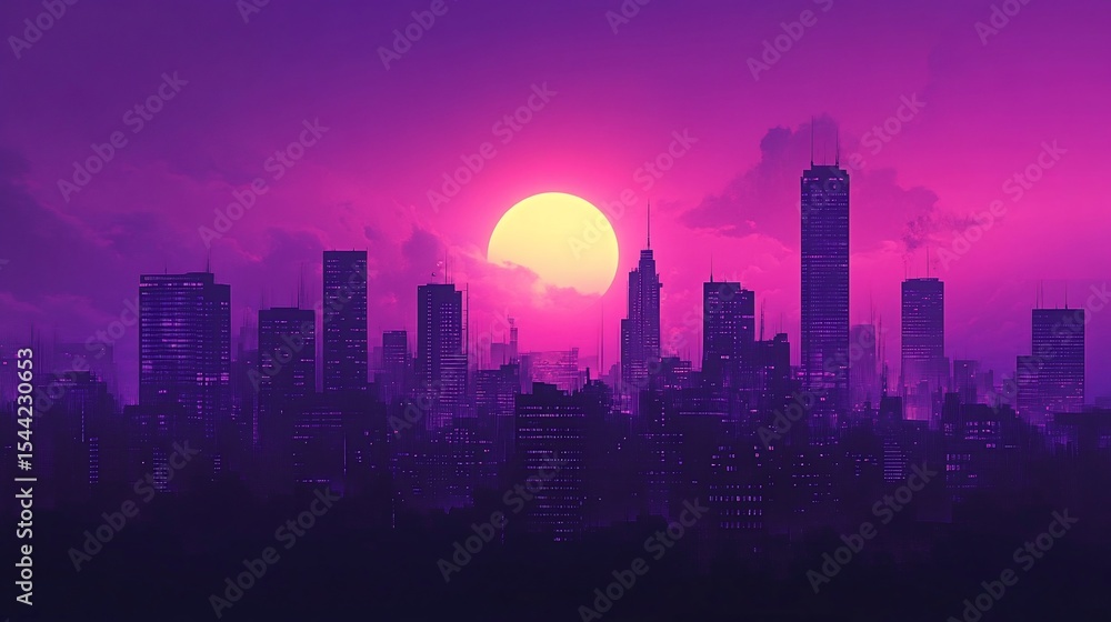 Fototapeta premium Vibrant Sunset over a Retro Cityscape with Purple and Pink Hues