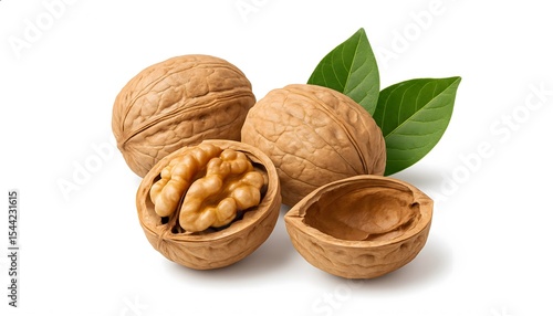 Open walnut shells with nuts and green leaves